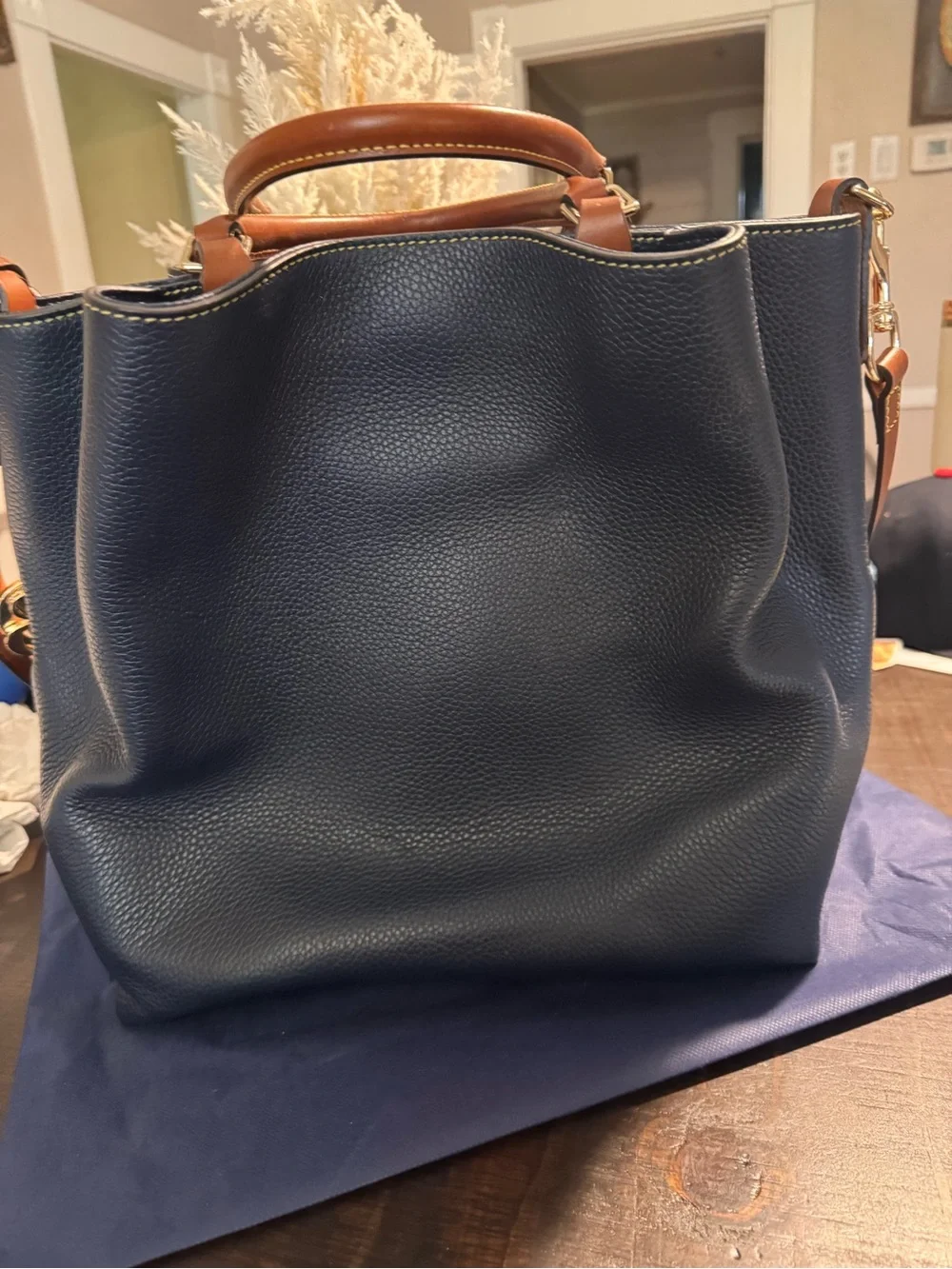 Dooney & Bourke Midnight Blue Pebble Satchel with Tan Trim
